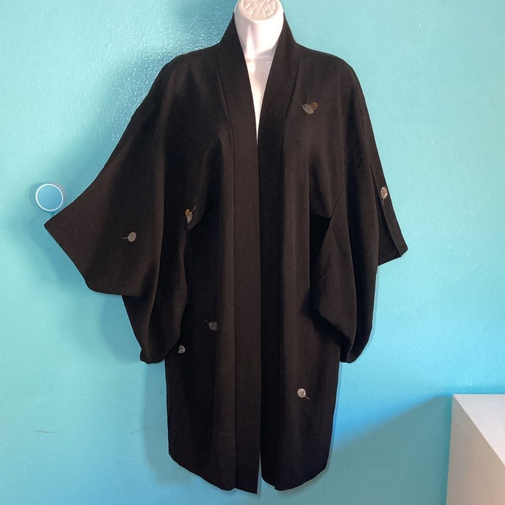 Japanese Style Black Kimono with Silver & Gold Leaf Embroidery- One Size -Unworn